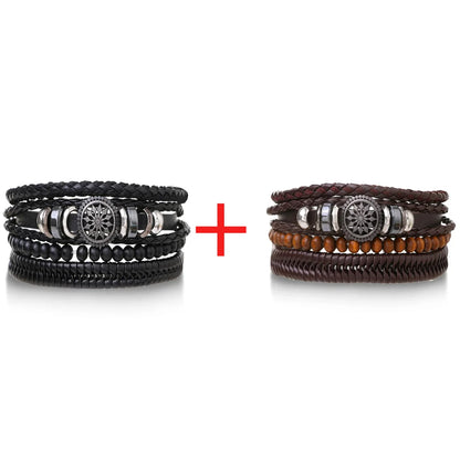 4Pcs Men's Braided Leather Bracelets Set – Vintage Life Tree & Rudder Charms, Wood Beads, Ethnic Tribal Wristbands