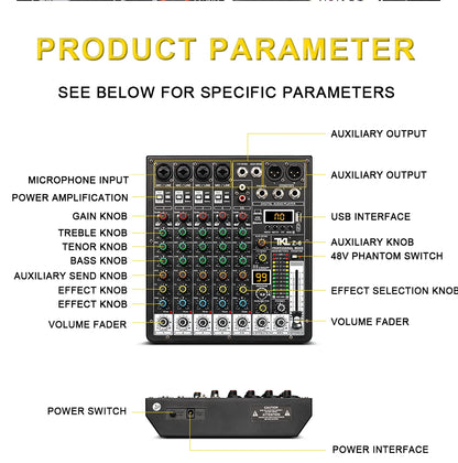 TKLBLS Professional 6 Channel Audio Mixer – 99 DSP Effects, 48V Phantom Power, USB, Bluetooth DJ Console for Studio & Karaoke