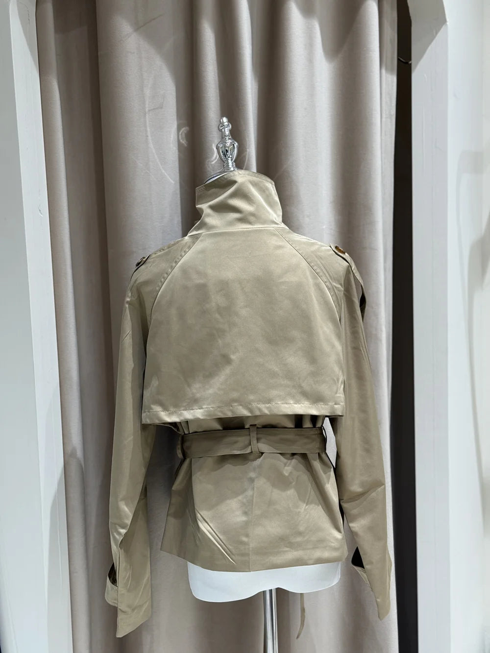 Women’s Belted Cropped Trench Jacket, Double-Breasted Stand Collar Coat – Chic Vintage Casual Fall 2025 Outerwear