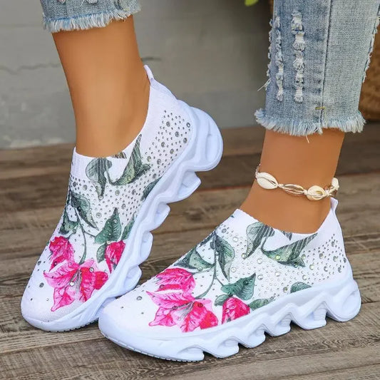 Women’s Multi-Color Floral Chunky Heel Sneakers – Rhinestone Mesh Platform Sport Shoes, Comfortable Fashion Footwear