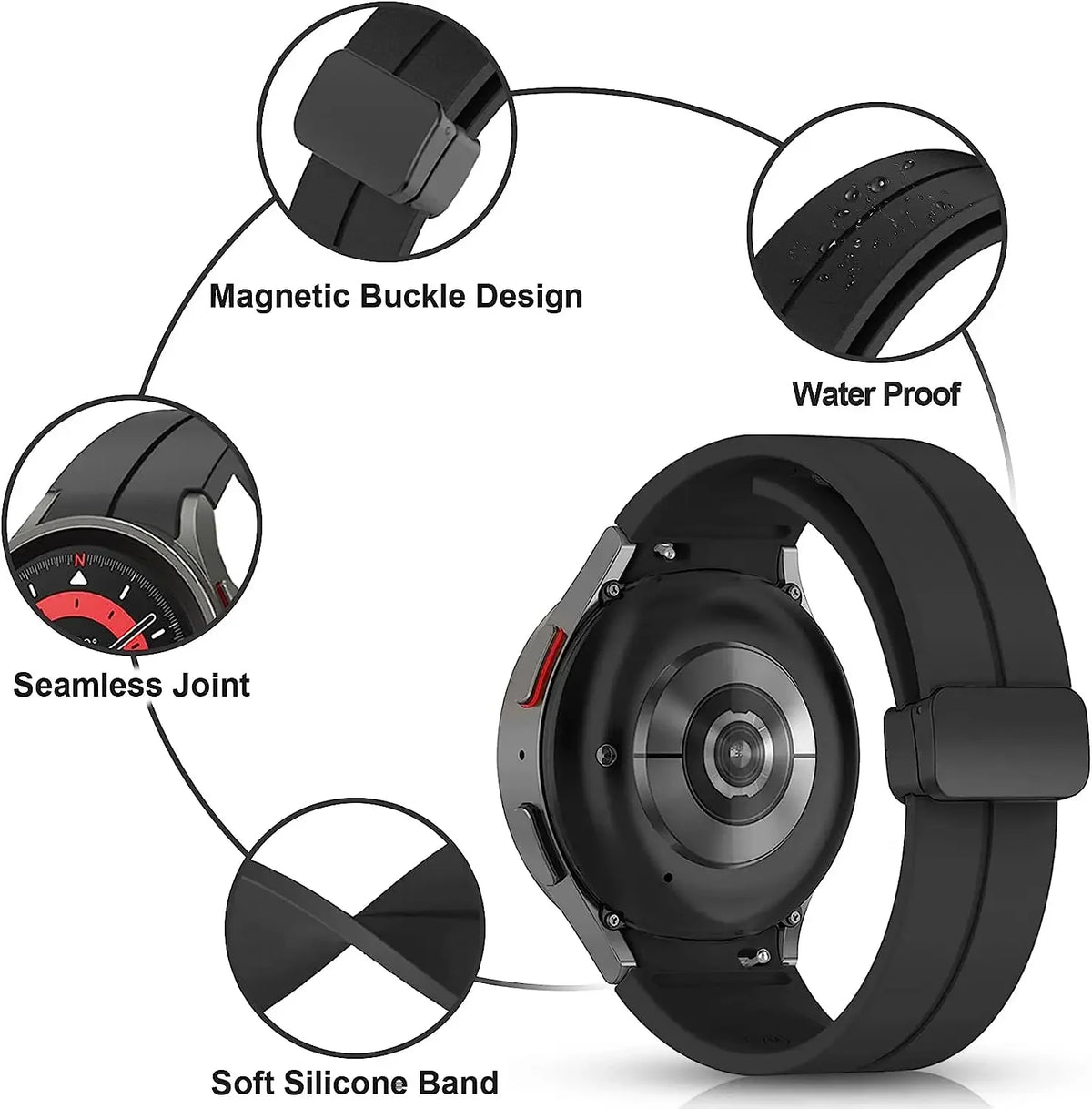 Samsung Galaxy Watch Magnetic Buckle Silicone Strap - Replacement Band for Watch 7/6/5 Pro/5/4 and Classic Models 40mm–47mm