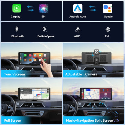 Portable Wireless CarPlay Screen - Universal Android Auto Touchscreen Car Stereo System