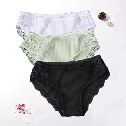 Floral Lace Cotton Women’s Panties - Comfortable Briefs, Solid Color Underwear, 3PCS/Set, Sizes M-XXL