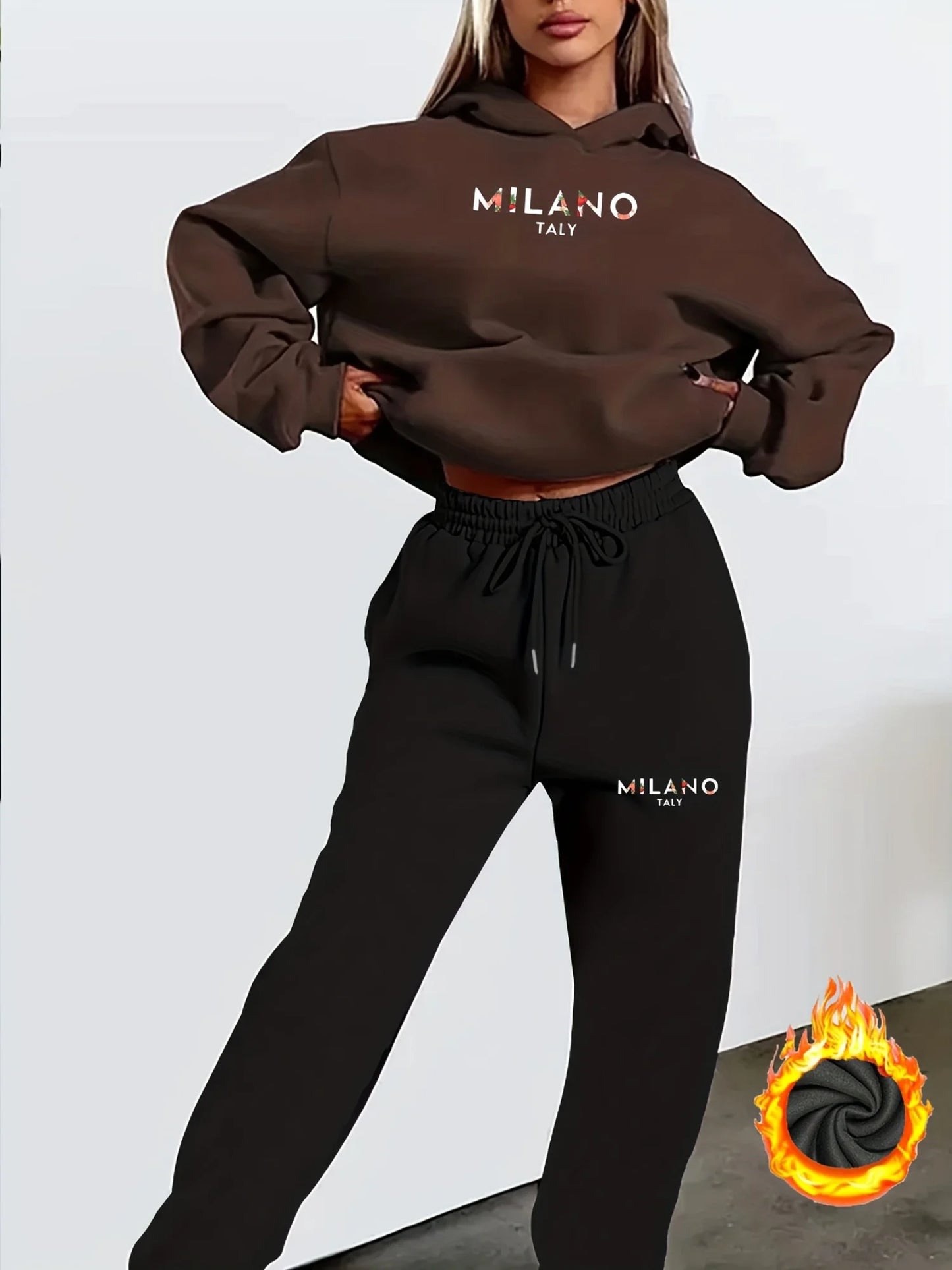 Women's Milano Italia 2-Piece Winter Set - Plush Warm Hooded Sweatshirt & Sports Pants Outfit