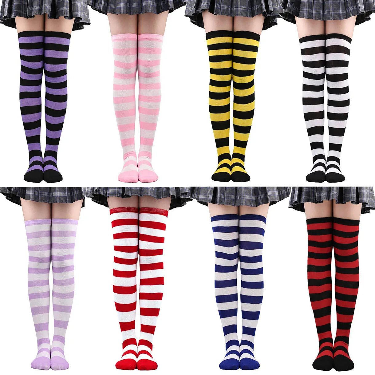 Color Striped Japanese Over-Knee Socks – Fashionable Slim Fit Black & White Stockings for Women