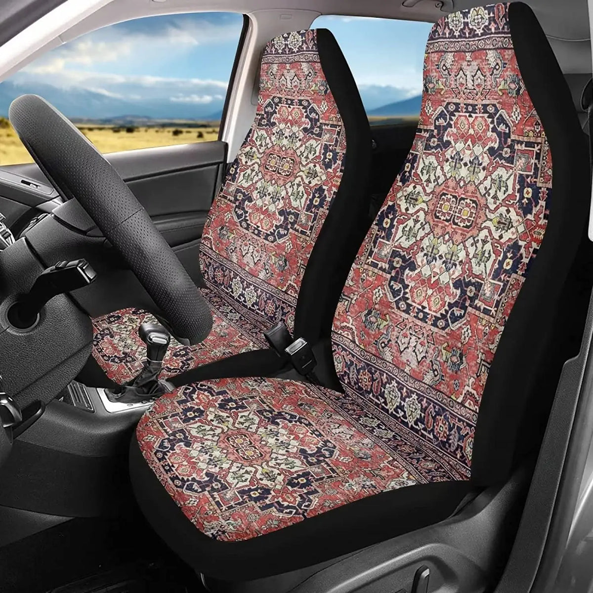 Ethnic Floral Front Car Seat Covers - 2PC Retro Persian Bucket Seat Protector Covers for Car Interiors