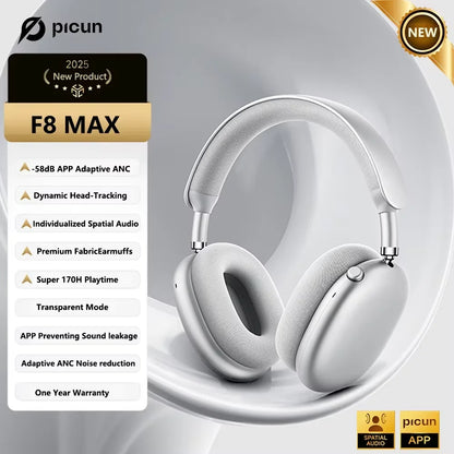 Picun F8 Pro ANC Wireless Headphones - 3D Spatial Audio Bluetooth Headset with HD Mic & Low Latency App Support