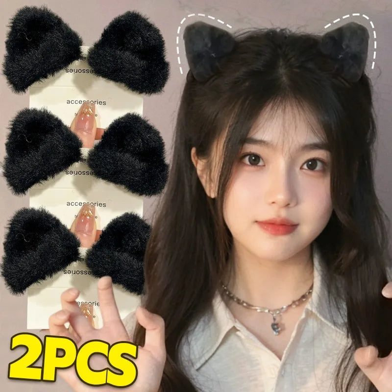 Plush Cat Ear Hair Clips - Soft Cute Princess Hair Accessories for Women and Girls, Autumn Winter Hair Claws
