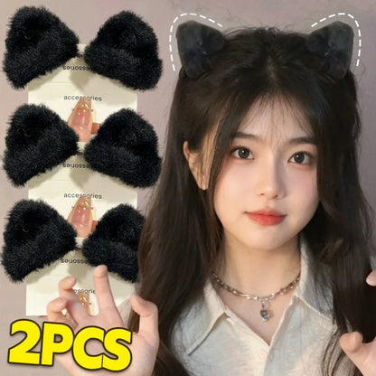 Plush Cat Ear Hair Clips - Soft Cute Princess Hair Accessories for Women and Girls, Autumn Winter Hair Claws