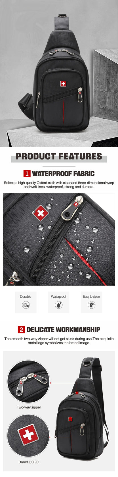 SWISS Men’s Chest Bag – Outdoor Waterproof Shoulder Crossbody Bag, Large Space, Practical & Durable Sling Bag for Men