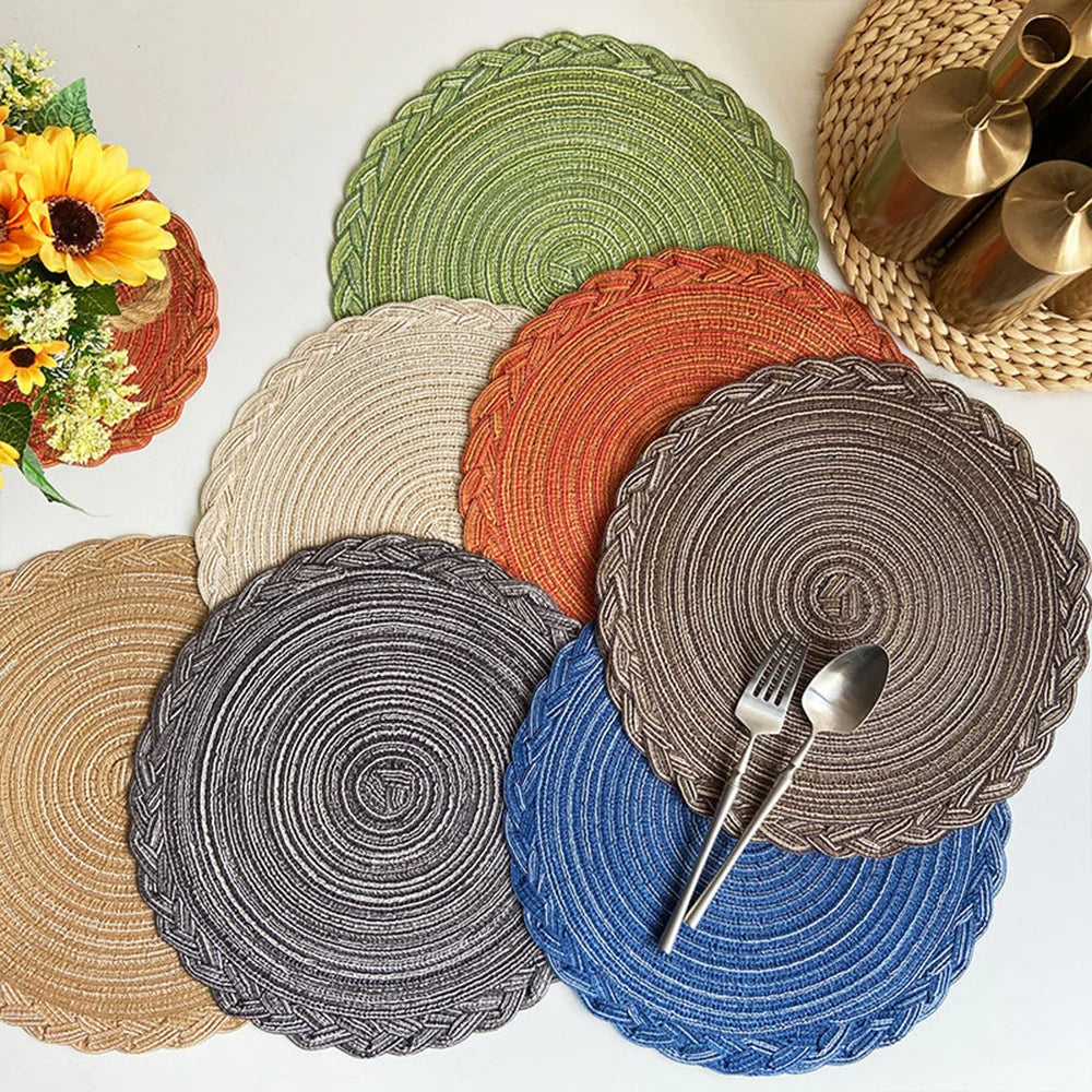 4pcs Round Woven Ramie Table Mats – Non-Slip Placemats for Dining, Bowls, Cups, and Kitchen Use