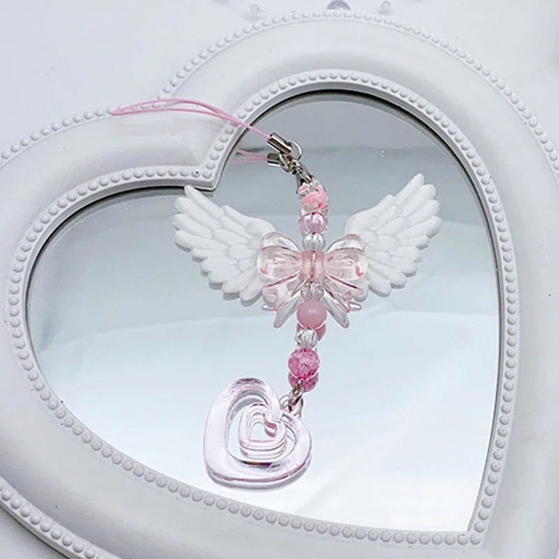 Wings Bow Heart Phone Charm - Sweet Mobile Strap Chain & Keychain Bag Accessory for Girls and Women
