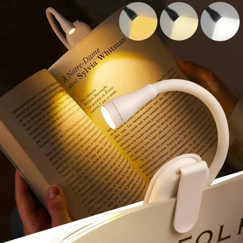 Mini LED Book Light – Adjustable Clip-On 360° Flip Eye Protection Lamp, Rechargeable 3-Color Reading Light for Travel & Bedroom