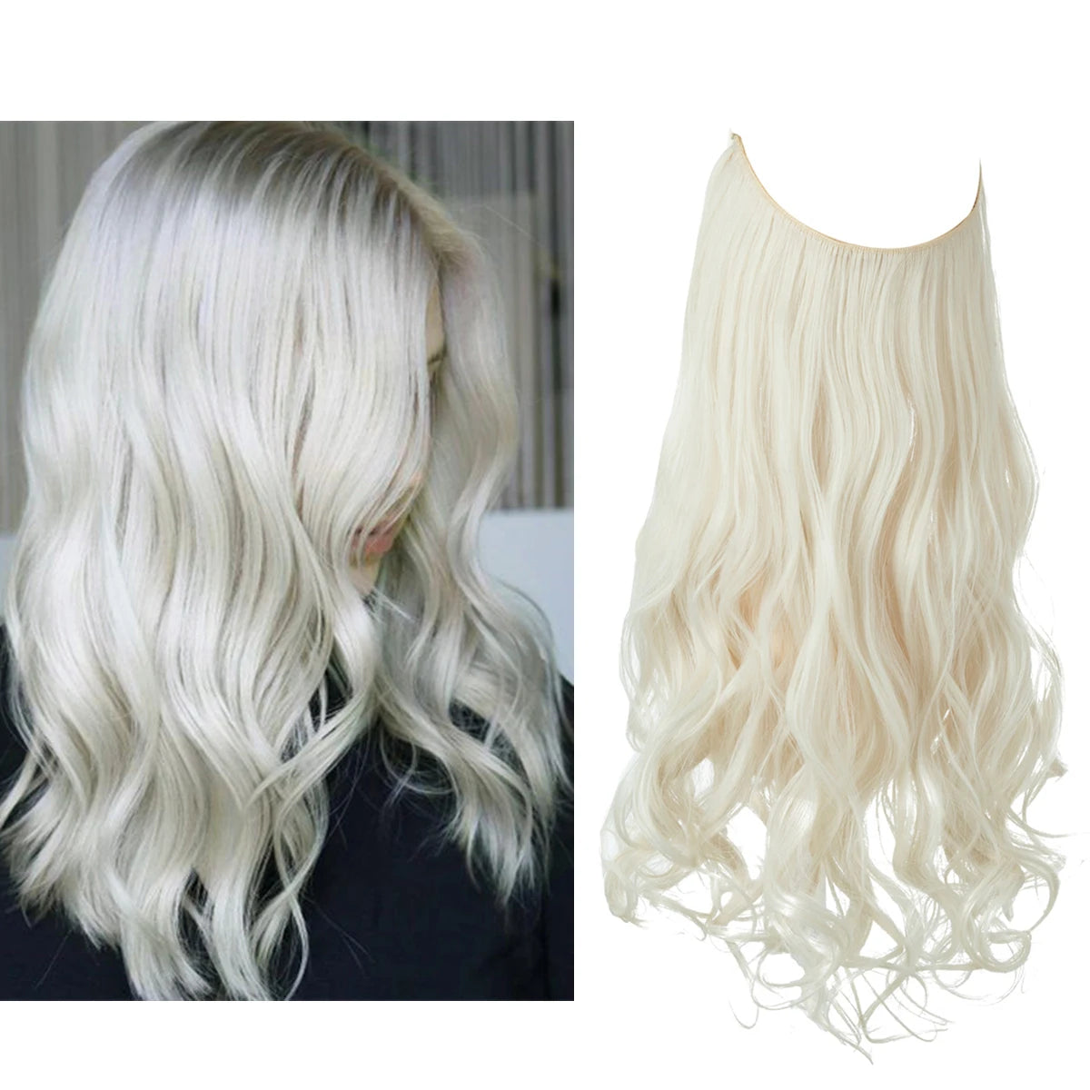 Synthetic Ombre Hair Extension - One Piece Invisible Wire Long Wavy Clipless False Hairpiece Black Blonde Pink