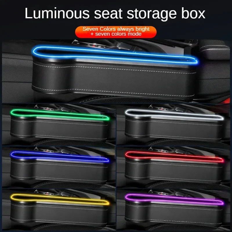 Car Crevice Storage Box with 2 USB Chargers & LED Light – Seat Gap Organizer for Phone, Cards, Bottles, and Cups