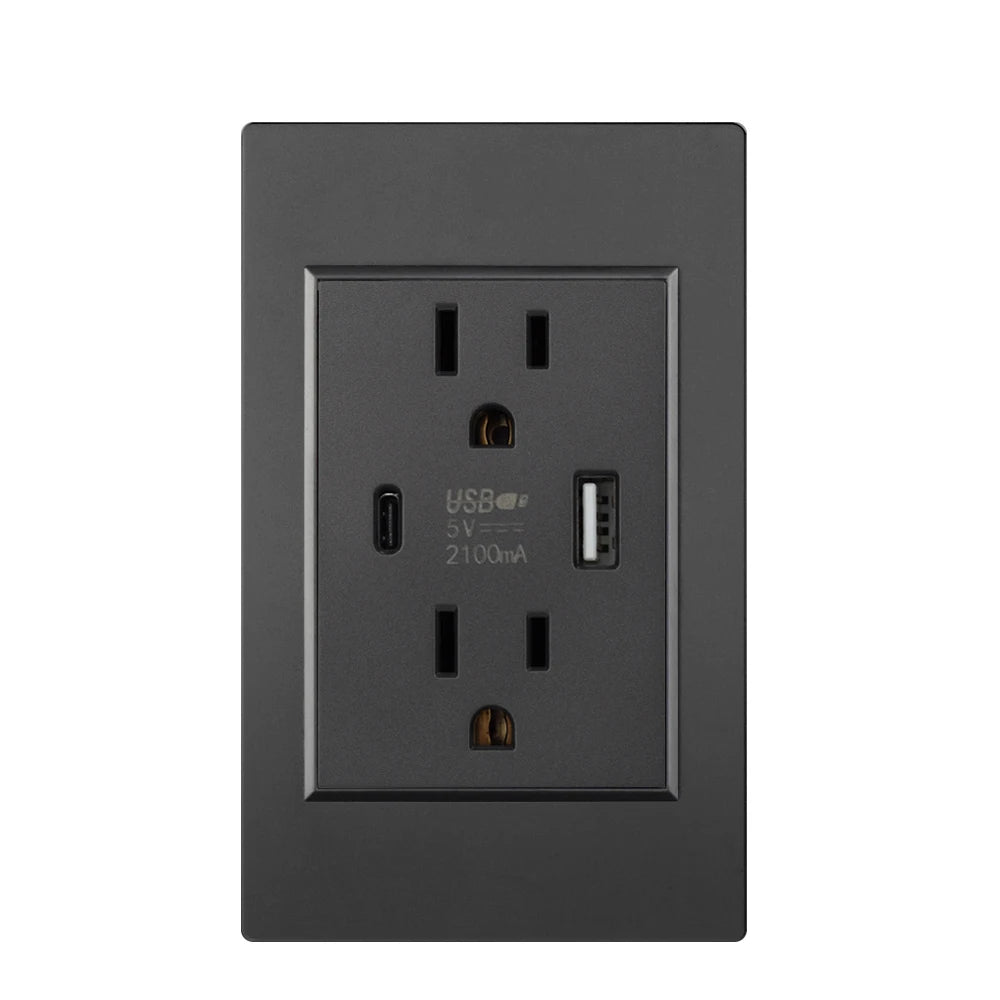 US Plug with USB Type-C Charging Port – 5V 2.1A, Household Electrical Wall Outlet for America & Mexico, 118x72mm PC Panel