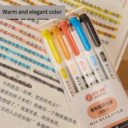 5-Color Double-Ended Highlighter Pen Set - Cute Pastel Fluorescent Markers for Drawing, Art, and Japanese-Style Stationery