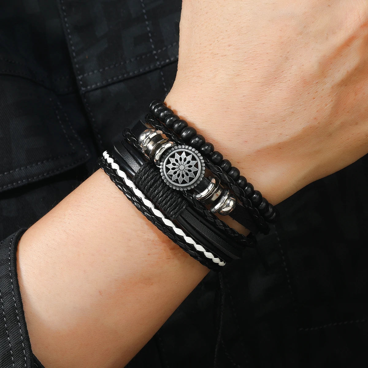 4Pcs Men's Braided Leather Bracelets Set – Vintage Life Tree & Rudder Charms, Wood Beads, Ethnic Tribal Wristbands