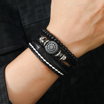 4Pcs Men's Braided Leather Bracelets Set – Vintage Life Tree & Rudder Charms, Wood Beads, Ethnic Tribal Wristbands