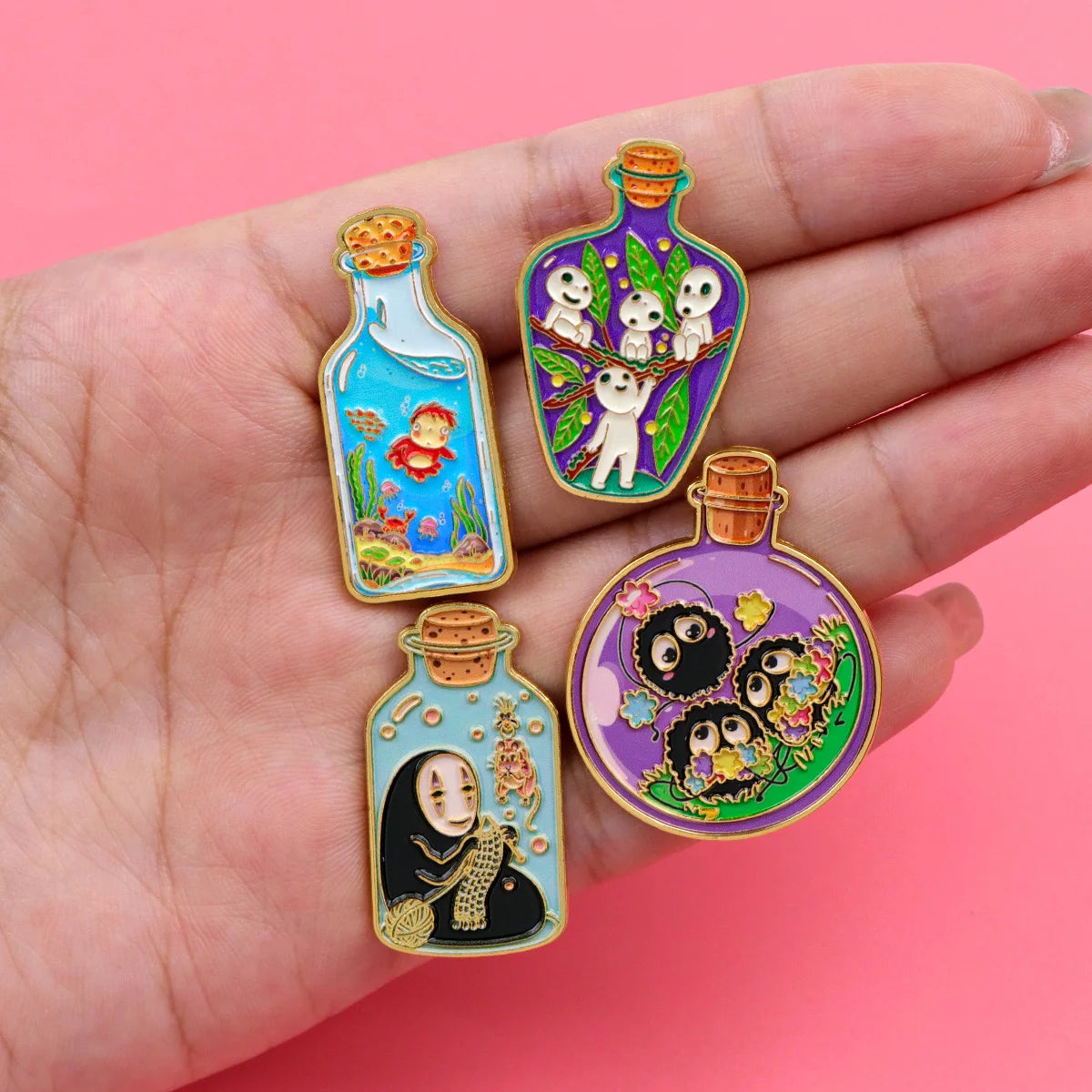 4-Piece Anime Ghost Enamel Pin Set - Magic Bottle Lapel Badges for Backpacks, Clothing, and Collectible Gifts
