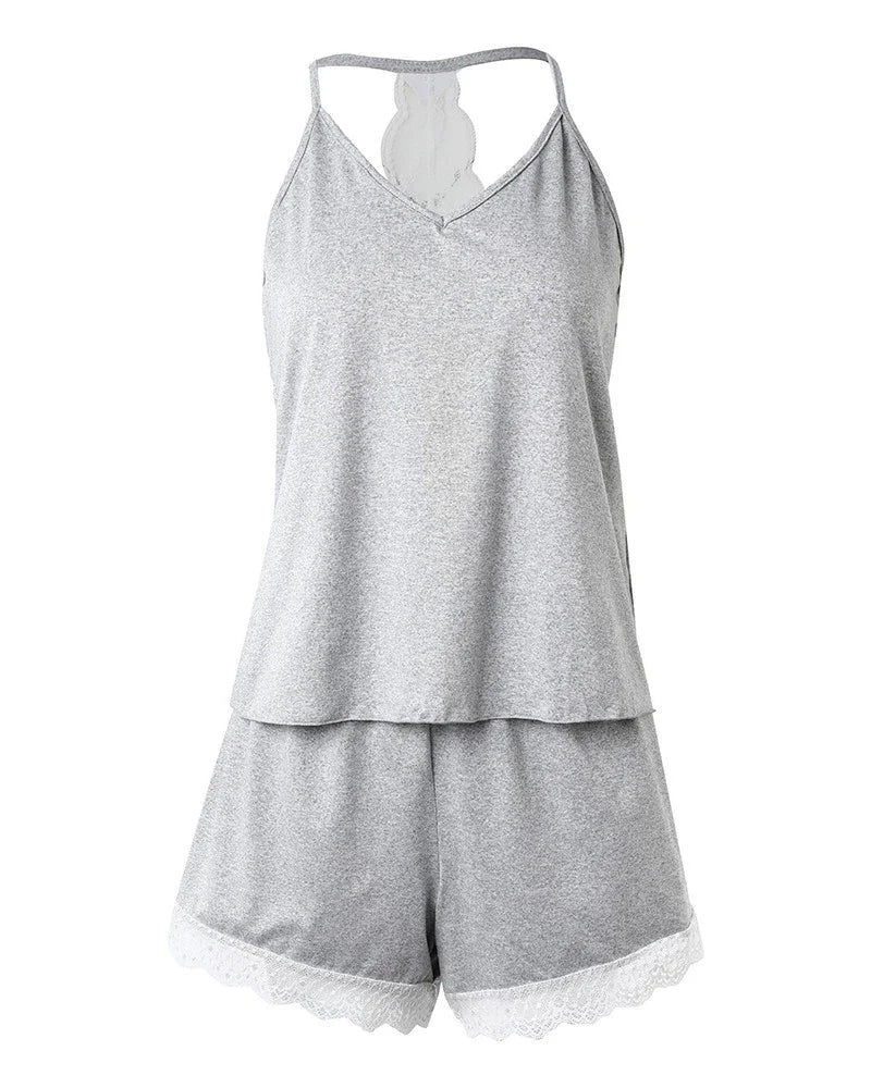 Women's Crochet Lace Pajamas Set – Sleeveless V-Neck Two-Piece Sexy Summer Sleepwear Homewear