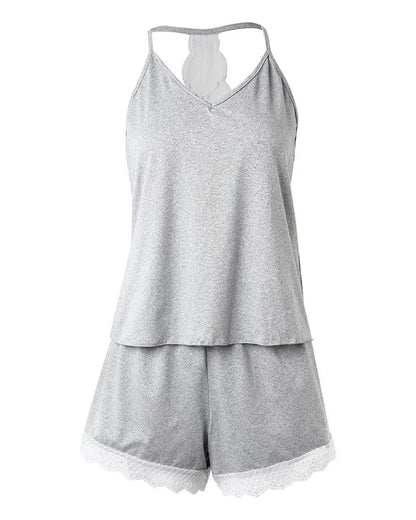 Women's Crochet Lace Pajamas Set – Sleeveless V-Neck Two-Piece Sexy Summer Sleepwear Homewear