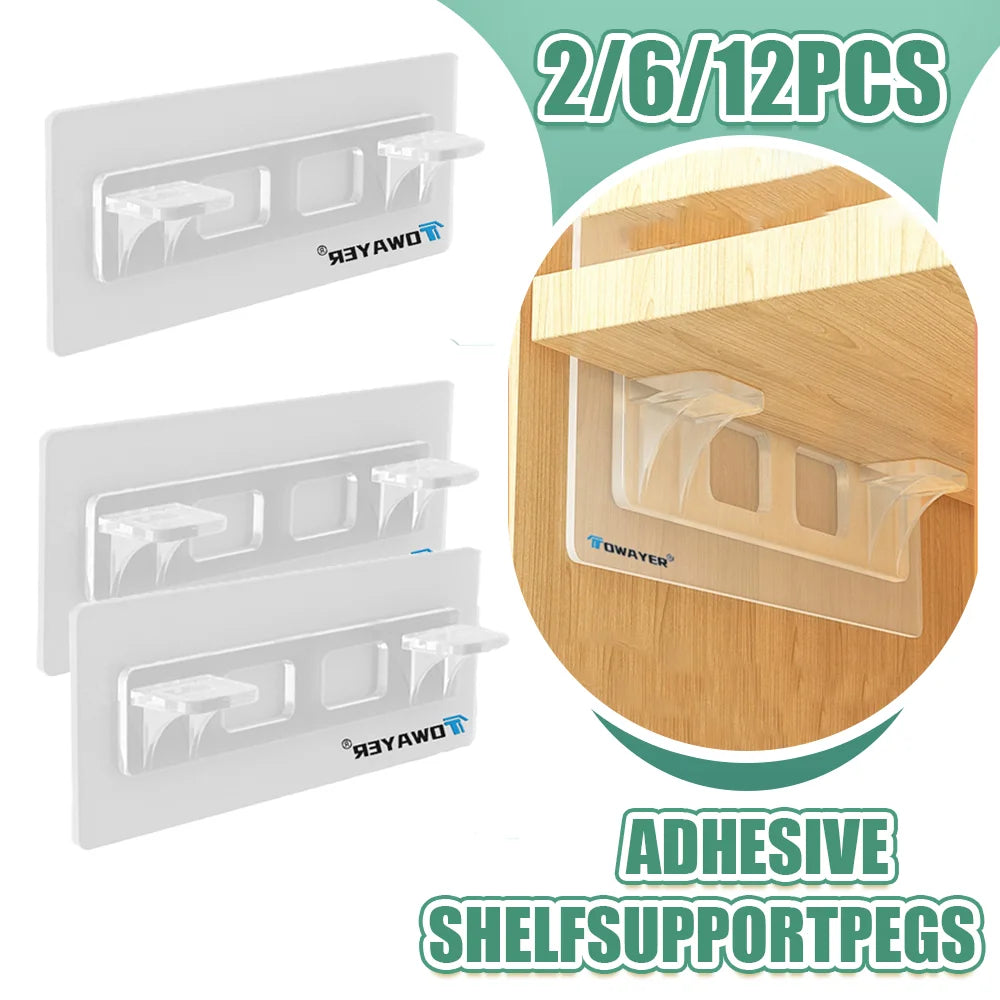Adhesive Shelf Support Pegs - Closet Partition Bracket, Extended Cabinet Clips, Wall Hanger Sticker for Kitchen, 2/6/12pcs