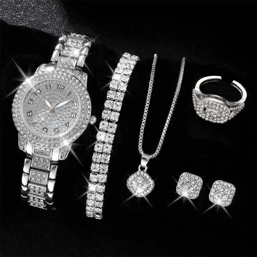 6PCS Women's Elegant Crystal Watch Set – Luxury Alloy Quartz Wristwatches with Rhinestone Bracelet, Perfect Gift for Ladies