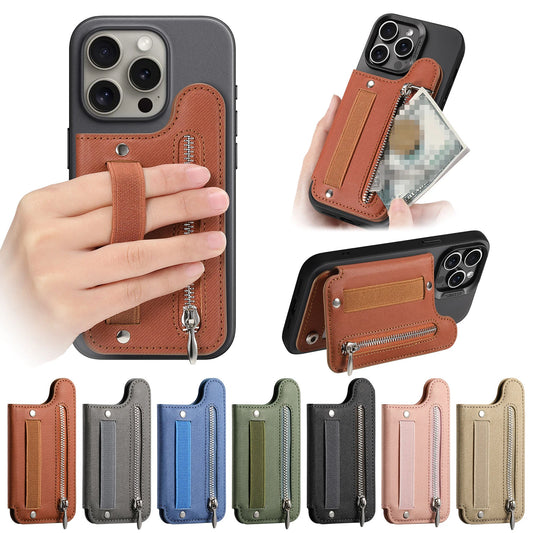 Flip Card Phone Case - Zipper Wallet Card Holder with Wrist Strap and Desktop Stand Support