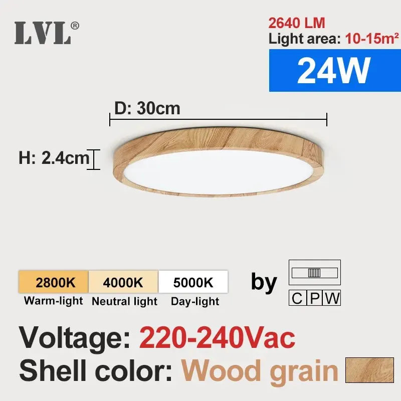 LVL LED Ceiling Light – 3-in-1 Wood Grain & White Round Flush Lamp for Kitchen, Bedroom & Bathroom