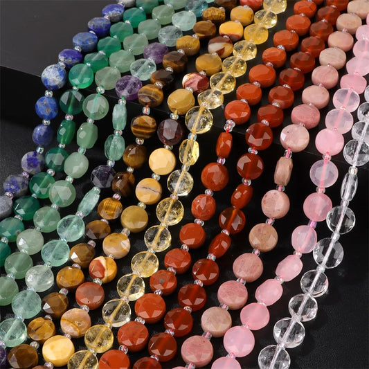 10mm Natural Gemstone Beads - Flat Round Faceted Crystal Jade Loose Beads for DIY Necklace & Bracelet Jewelry Making