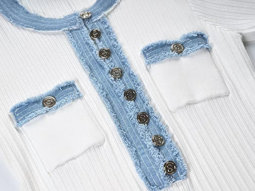 Elegant Denim Patchwork Knitted Long Dress – Women’s V-Neck Short Sleeve Bodycon with Buttons & Pockets