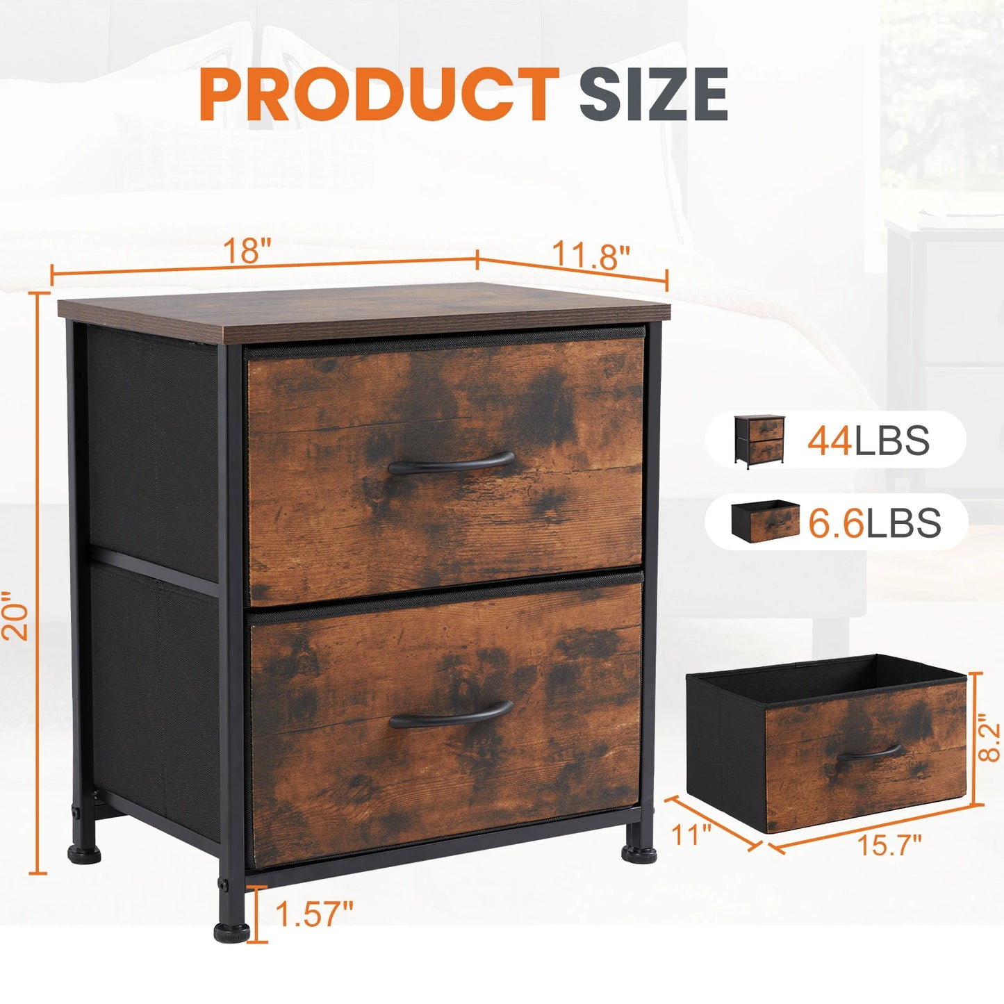 Nightstand Bedside Table – Coffee, Sofa & Tea Table with 2 Fabric Drawers for Bedroom Storage & Clothes Display