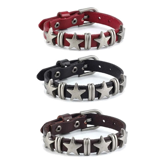 E0BF Goth Vintage Star Leather Alloy Bracelet – Gothic Retro Rock Style Jewelry for Men & Women, Couple Party Accessory