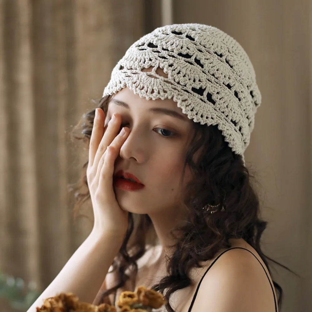 Autumn Winter Knitted Beret – Hollow Lace Flower Fashion Skullies Hat for Women, Casual Bonnet Cap
