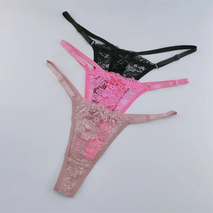 Women's Lace Thong Set - 3-Piece Low Waist Breathable Sheer G-String Lingerie