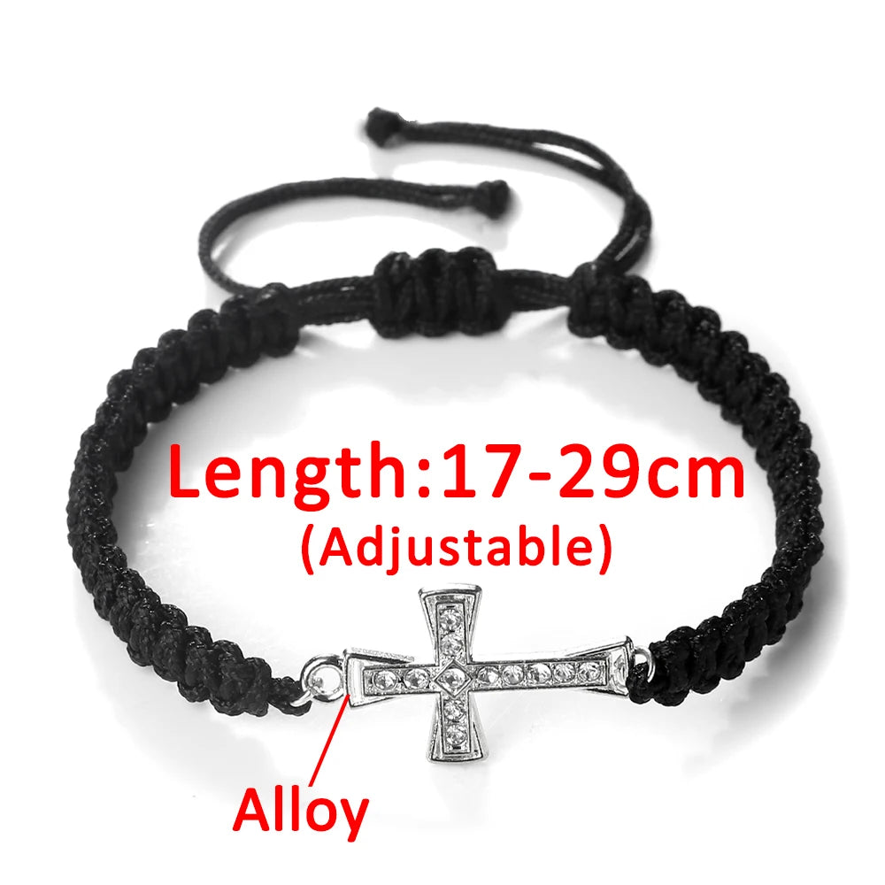 Crystal Cross Pendant Bracelet - Red & Black Braided Prayer Rope Jewelry Gift for Men & Women