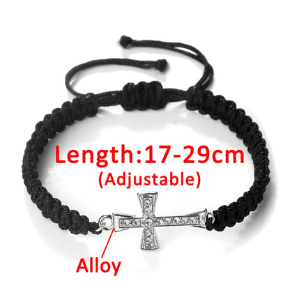 Crystal Cross Pendant Bracelet - Red & Black Braided Prayer Rope Jewelry Gift for Men & Women