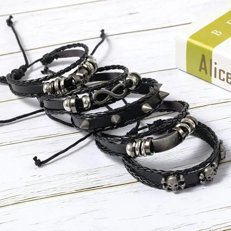 5PCS Punk Bracelet Set - DIY Braided PU Leather Beaded Metal Wristbands
