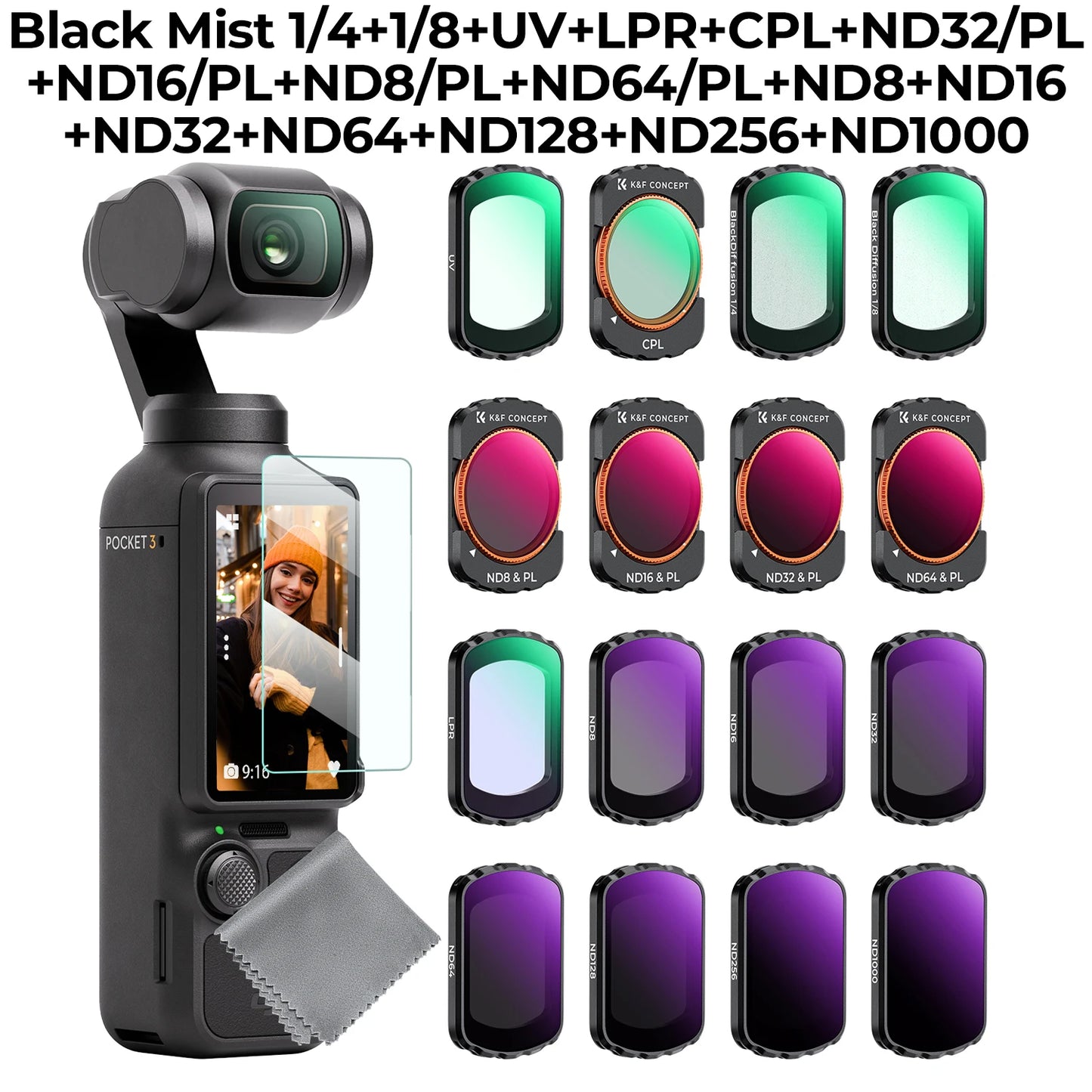 K&F Concept Filter Set for DJI Osmo Pocket 3 – UV, CPL, ND/PL, Black Mist, Star & 1.2X Wide-Angle Lens Effects