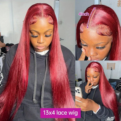 99J Burgundy Lace Front Human Hair Wig – Straight 13x4 HD Transparent Full Lace Frontal, Red Glueless Wig for Women