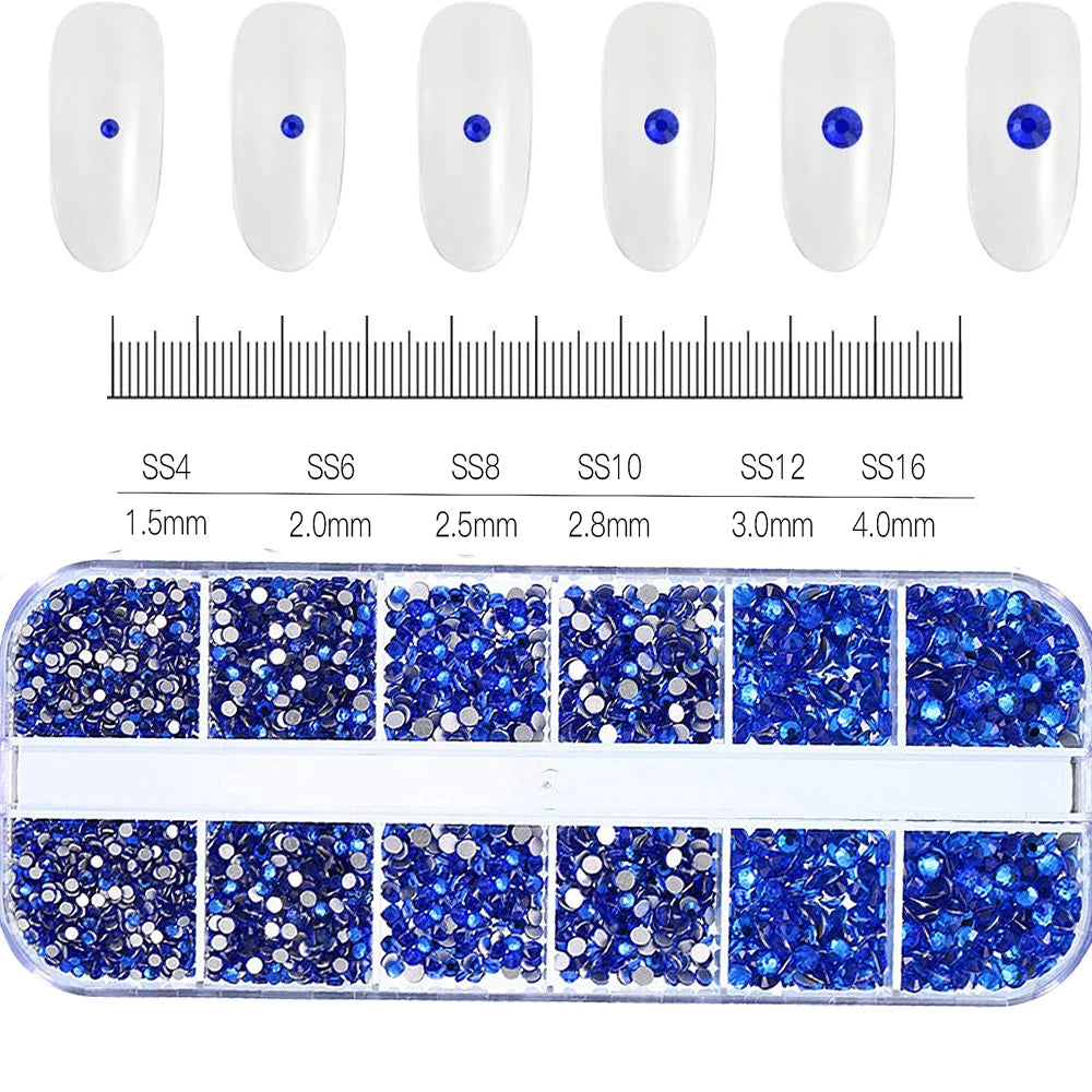12-Grid Mixed Nail Rhinestones SS6-SS30 – Shiny Flat-Back Gems in Clear, Gold, Pink & Blue for Nail Art Decoration