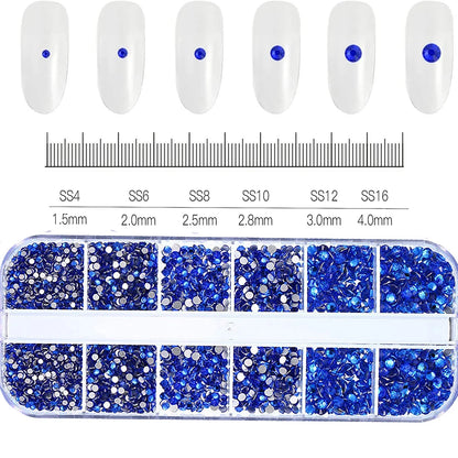 12-Grid Mixed Nail Rhinestones SS6-SS30 – Shiny Flat-Back Gems in Clear, Gold, Pink & Blue for Nail Art Decoration
