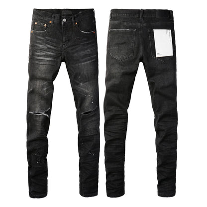 2025 Men’s High Street Ripped Skinny Jeans — Low Rise Blue Distressed Denim Fashion Repair Trousers 9003