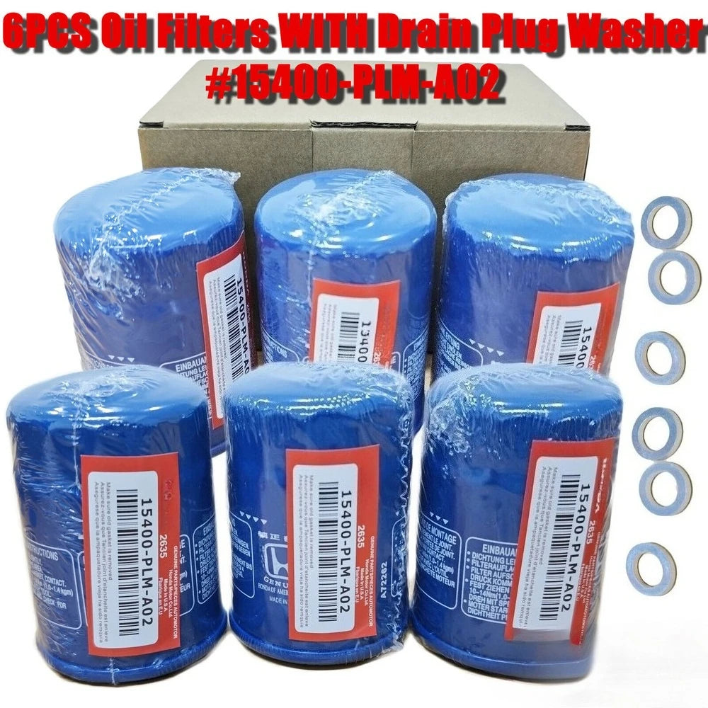 Honda Oil Filter 6-Piece Set - Genuine 15400-PLM-A02 Filters with Drain Plug Washers, New & Sealed