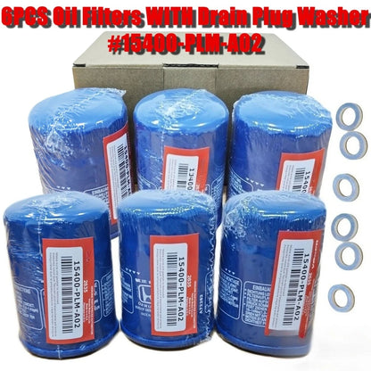 Honda Oil Filter 6-Piece Set - Genuine 15400-PLM-A02 Filters with Drain Plug Washers, New & Sealed