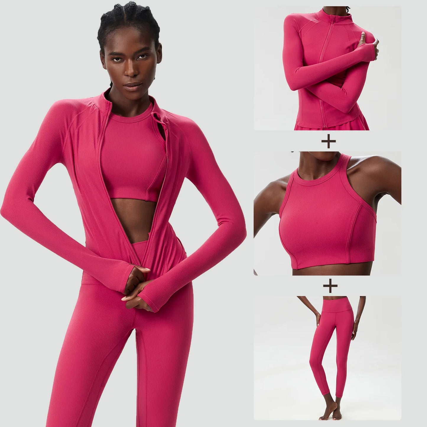 3PCS Women’s Fitness Yoga Set – Solid Color Ribbed Long Sleeve Top & High Waist Leggings, Breathable Workout Sportswear