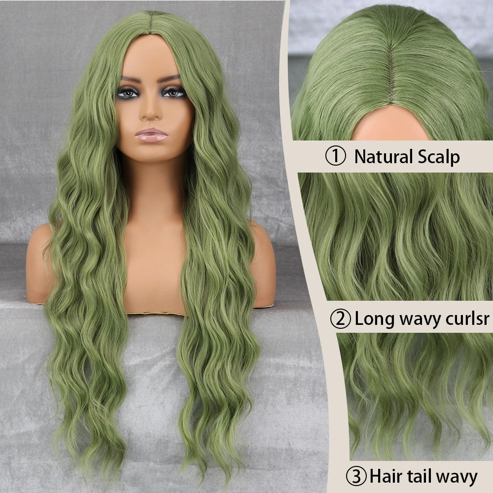 Long Wavy Green Synthetic Wig – Heat-Resistant Women's Cosplay, Party, Lolita Style, Half Part, Red/Black/Pink