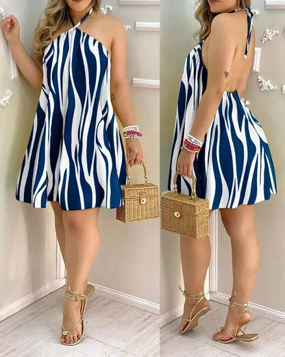 Women’s Tropical Print Halter Neck Backless Dress – Spring Summer Vacation Beach Party Sundress