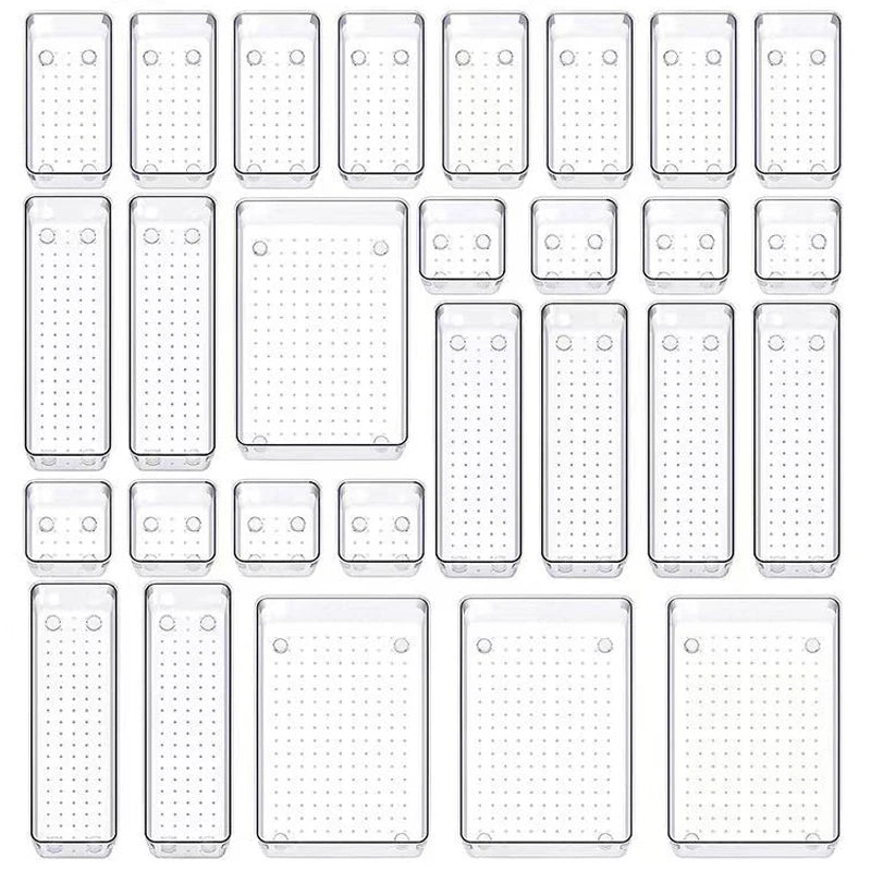 28PCS Clear Drawer Organizer Set - Multi-Size Storage Trays for Bathroom Vanity Kitchen & Bedroom